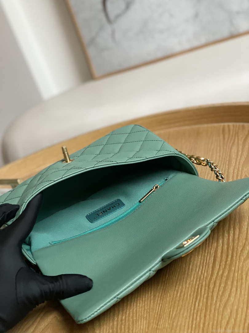 Chanel AS3777 Flap Bag Grained Calfskin & Gold-Tone Metal Green