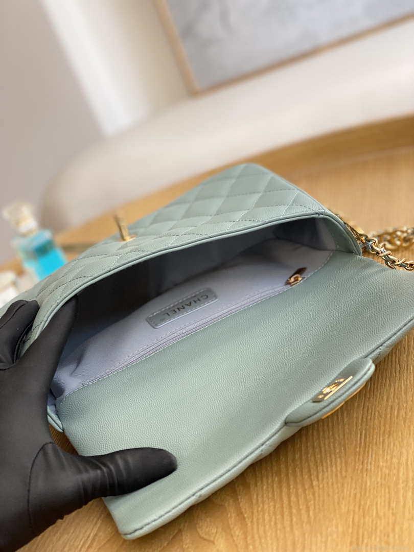 Chanel AS3777 Flap Bag Grained Calfskin & Gold-Tone Metal Light Green