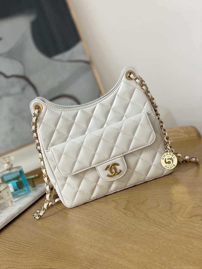 Chanel AS3690 Hobo Handbag Shiny Crumpled Calfskin & Gold-Tone Metal White