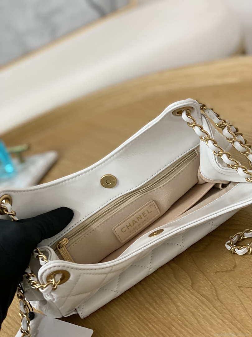 Chanel AS3690 Hobo Handbag Shiny Crumpled Calfskin & Gold-Tone Metal White