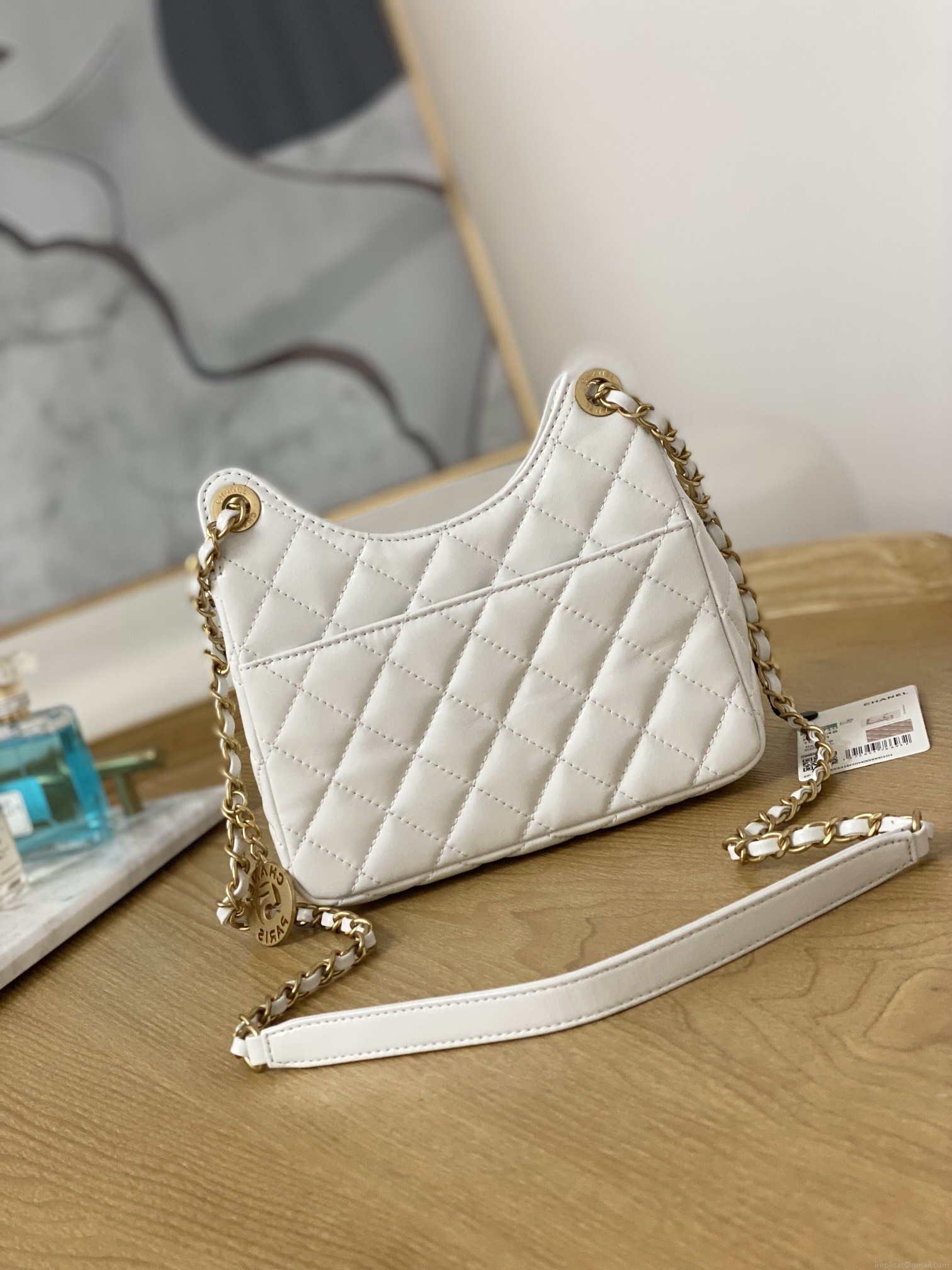 Chanel AS3710 Small Hobo Handbag Shiny Crumpled Calfskin & Gold-Tone Metal White