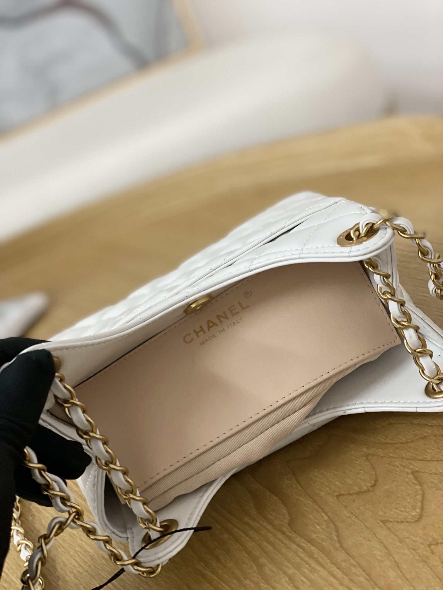Chanel AS3710 Small Hobo Handbag Shiny Crumpled Calfskin & Gold-Tone Metal White