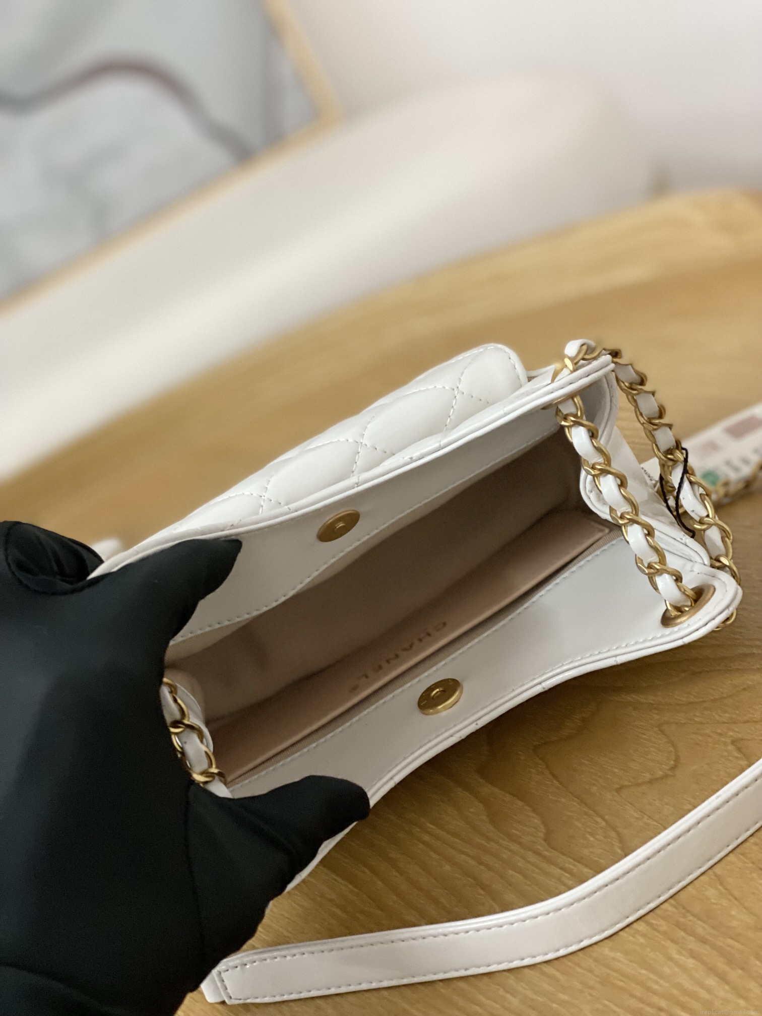 Chanel AS3710 Small Hobo Handbag Shiny Crumpled Calfskin & Gold-Tone Metal White