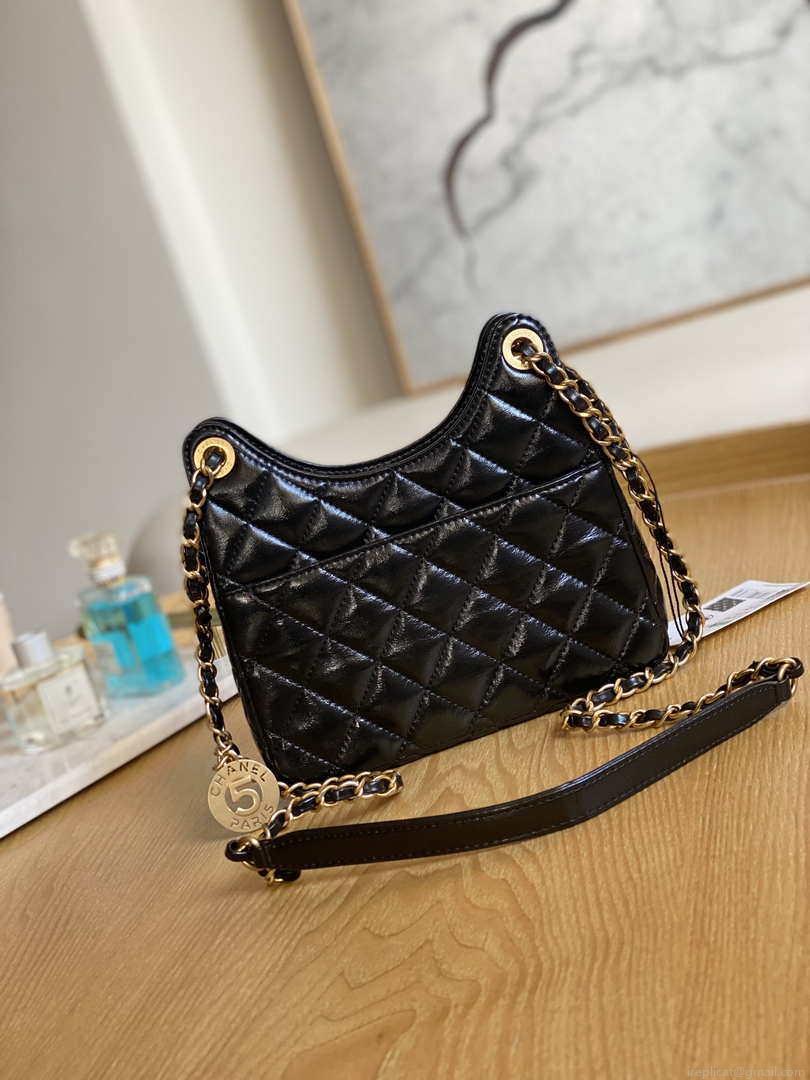 Chanel AS3710 Small Hobo Handbag Shiny Crumpled Calfskin & Gold-Tone Metal Black