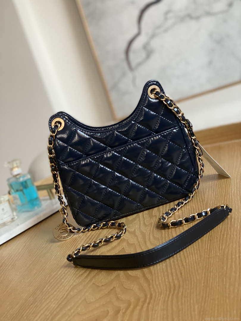 Chanel AS3710 Small Hobo Handbag Shiny Crumpled Calfskin & Gold-Tone Metal Navy blue