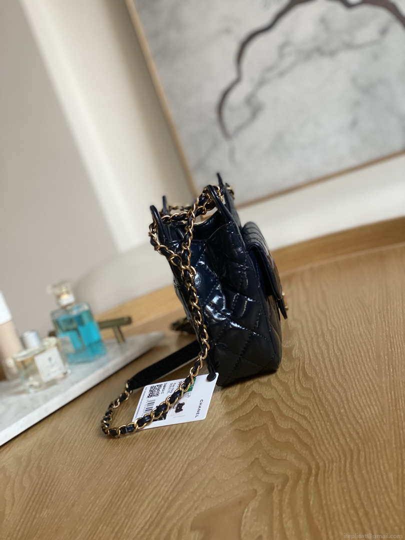 Chanel AS3710 Small Hobo Handbag Shiny Crumpled Calfskin & Gold-Tone Metal Navy blue
