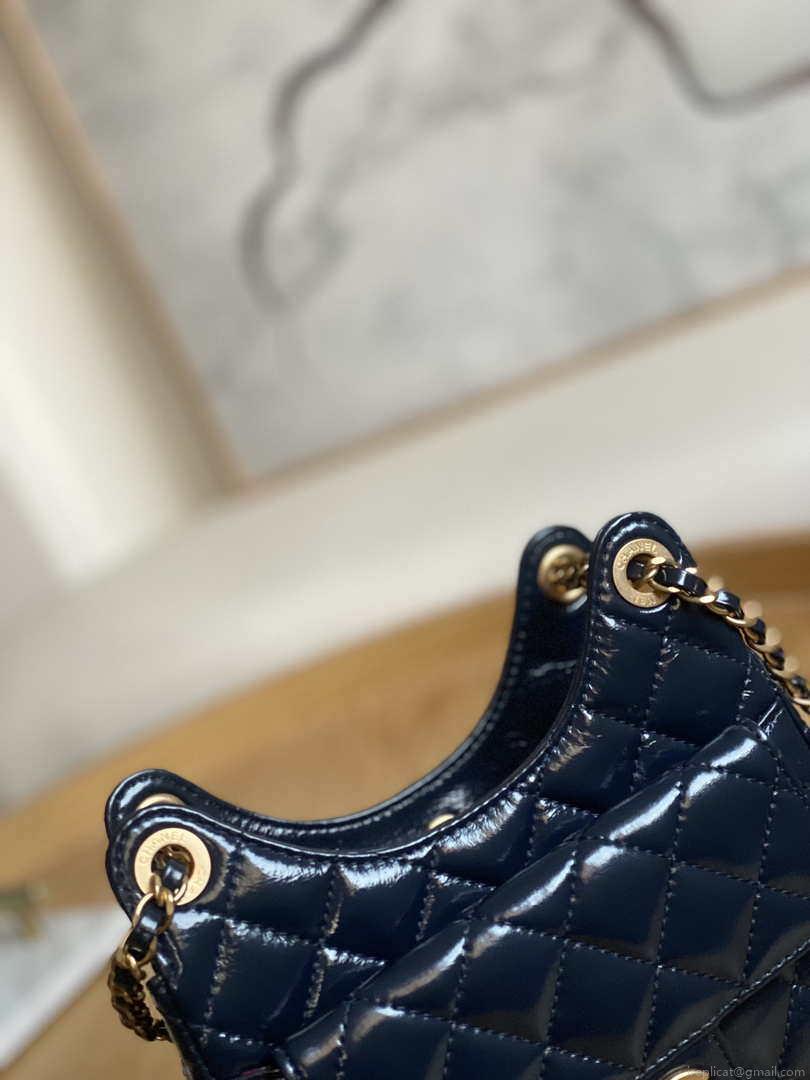 Chanel AS3710 Small Hobo Handbag Shiny Crumpled Calfskin & Gold-Tone Metal Navy blue