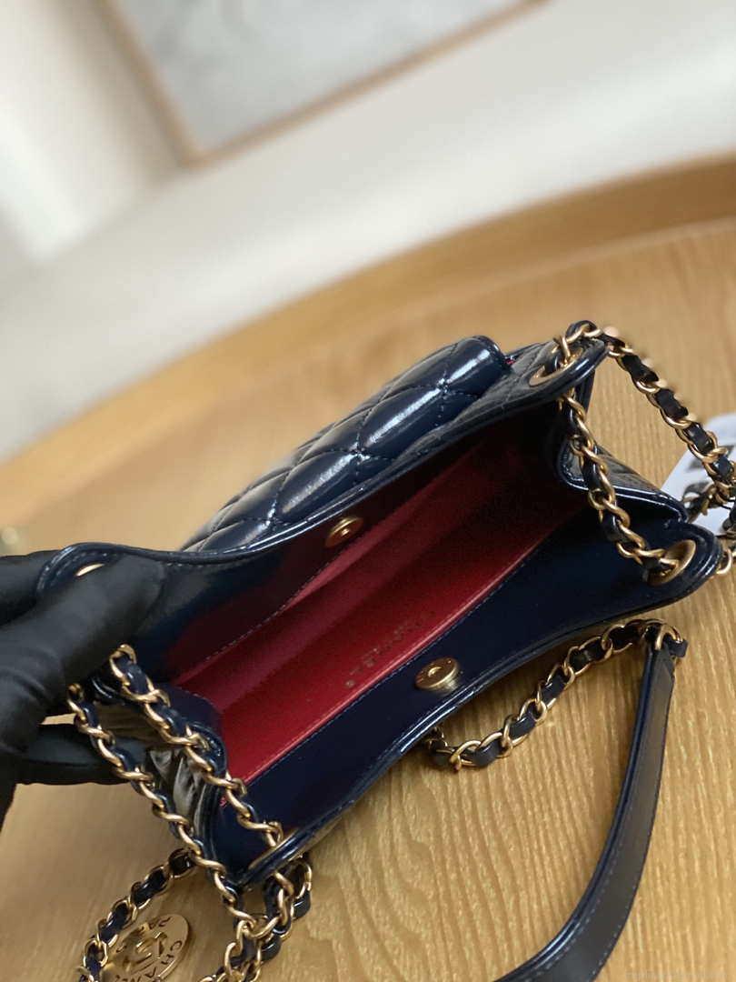 Chanel AS3710 Small Hobo Handbag Shiny Crumpled Calfskin & Gold-Tone Metal Navy blue
