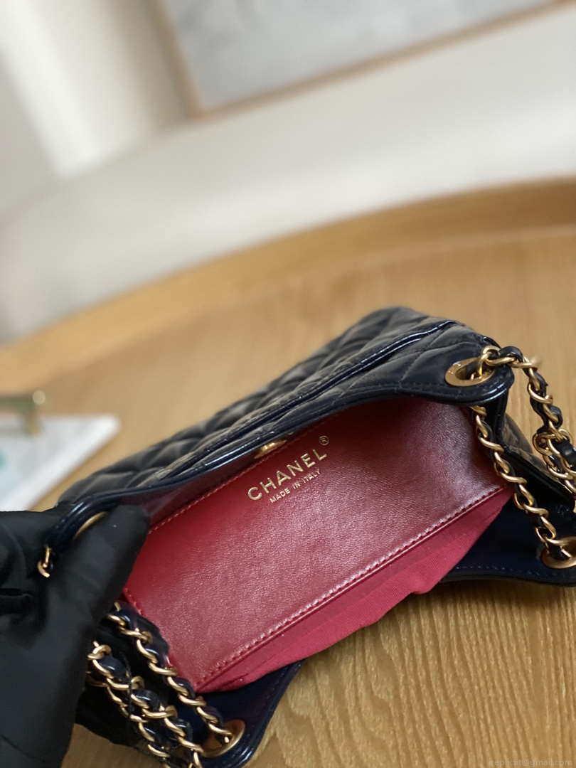 Chanel AS3710 Small Hobo Handbag Shiny Crumpled Calfskin & Gold-Tone Metal Navy blue