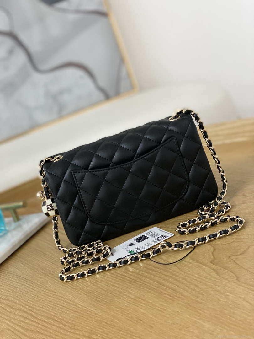 Chanel A01113 Flap Handbag Classic Bag Black Lambskin Gold With Ball