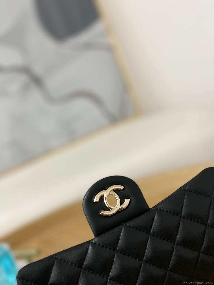 Chanel A01113 Flap Handbag Classic Bag Black Lambskin Gold With Ball