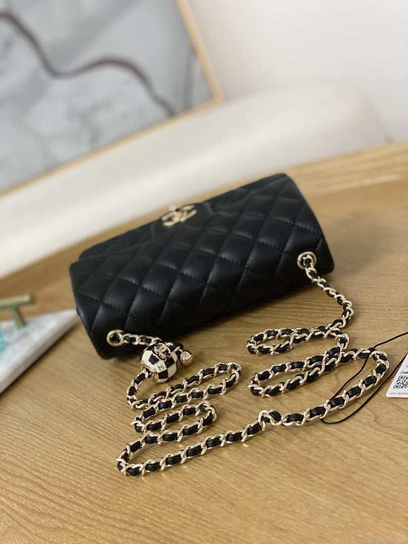 Chanel A01113 Flap Handbag Classic Bag Black Lambskin Gold With Ball