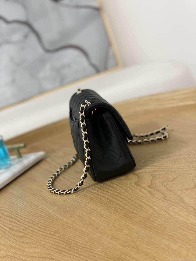 Chanel A01113 Flap Handbag Classic Bag Black Lambskin Gold With Ball