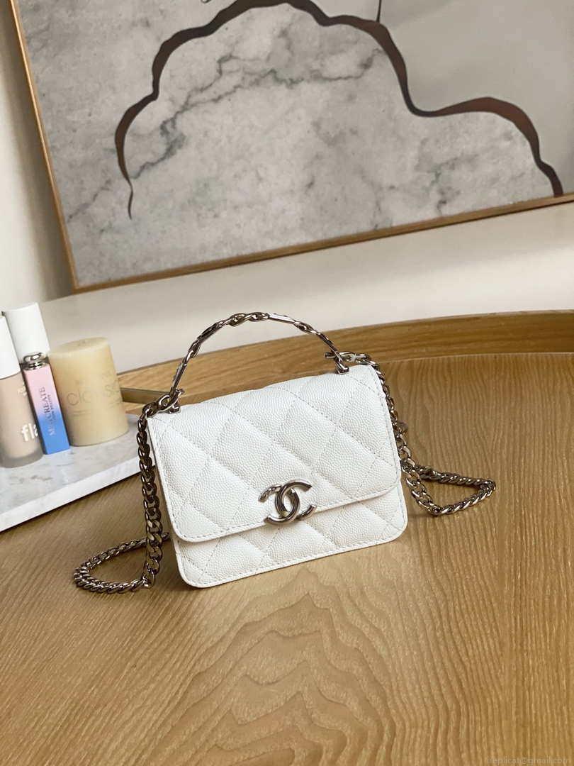 Chanel A81197 Mini Flap Calfskin Enamel & Silver-Tone Metal White