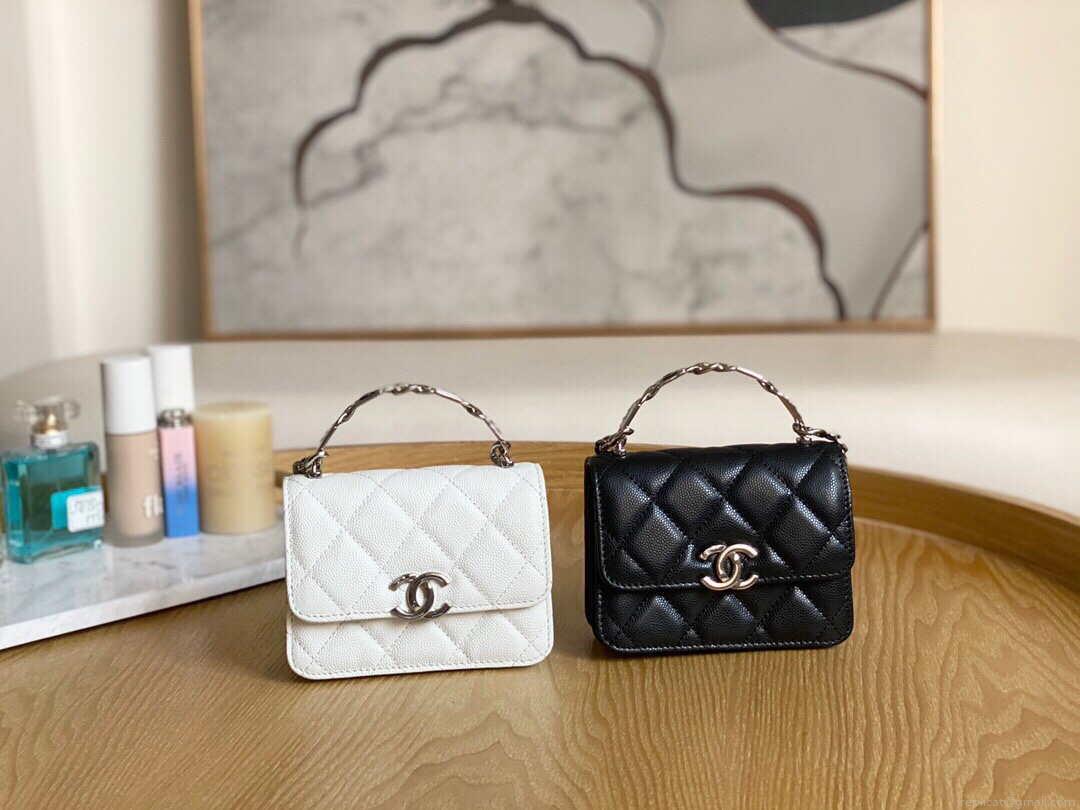 Chanel A81197 Mini Flap Calfskin Enamel & Silver-Tone Metal White