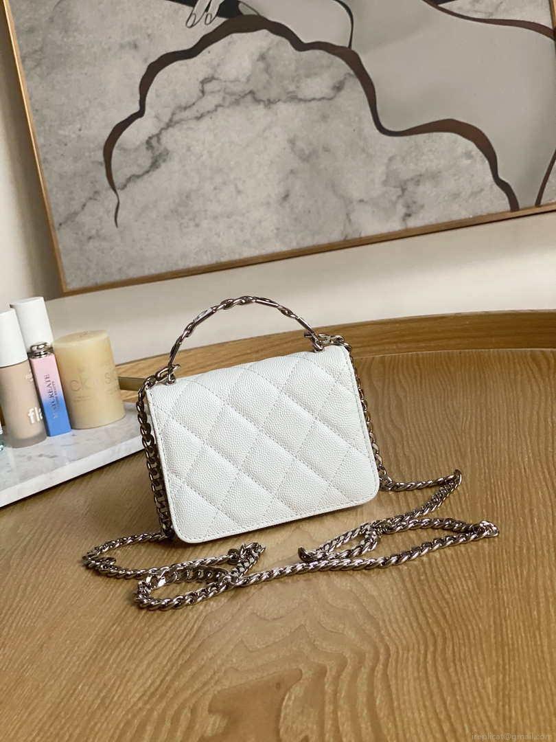 Chanel A81197 Mini Flap Calfskin Enamel & Silver-Tone Metal White