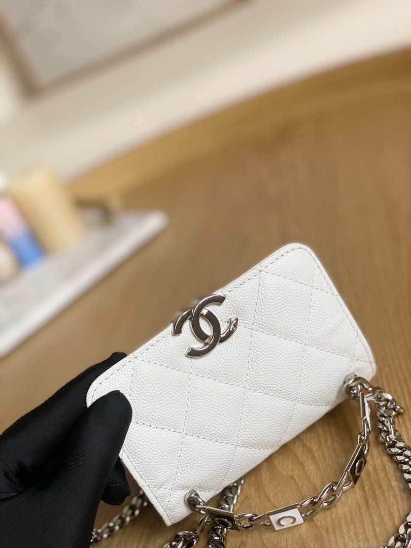 Chanel A81197 Mini Flap Calfskin Enamel & Silver-Tone Metal White