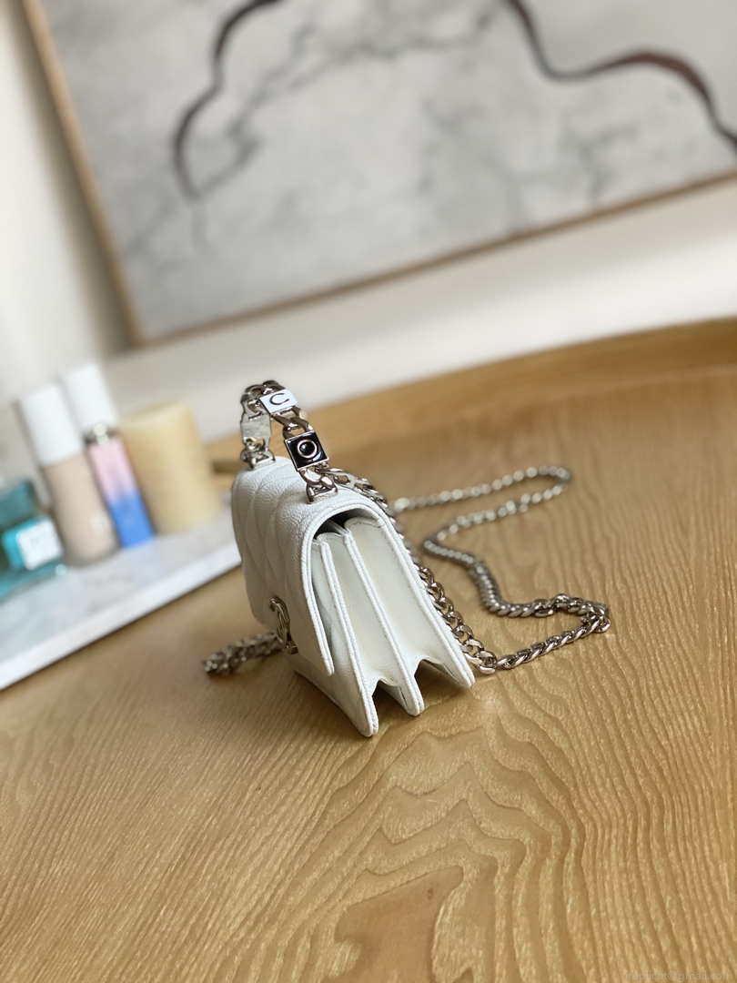 Chanel A81197 Mini Flap Calfskin Enamel & Silver-Tone Metal White