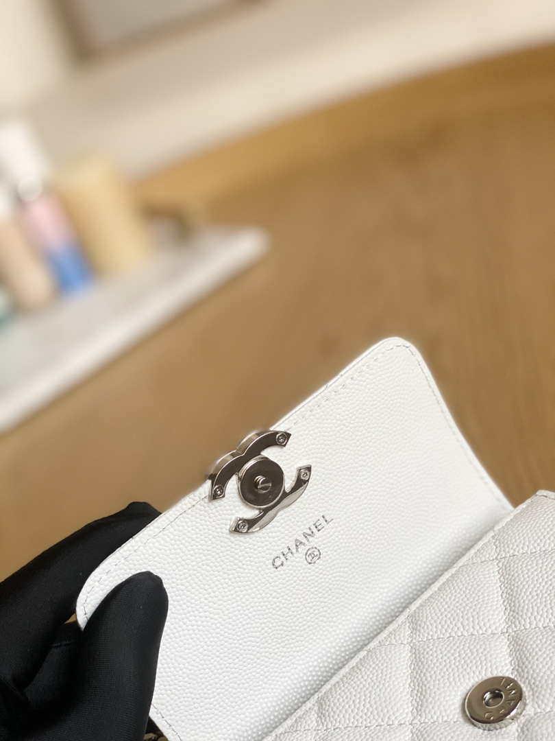 Chanel A81197 Mini Flap Calfskin Enamel & Silver-Tone Metal White