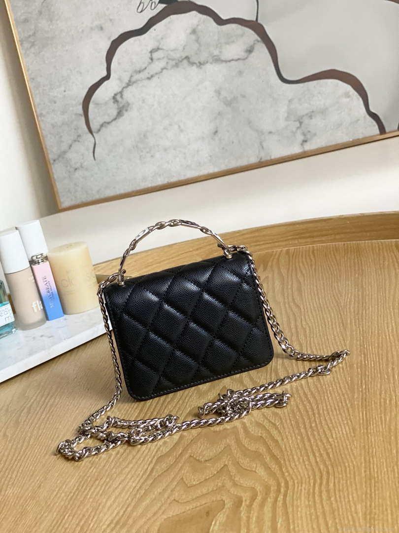Chanel A81197 Mini Flap Calfskin Enamel & Silver-Tone Metal Black