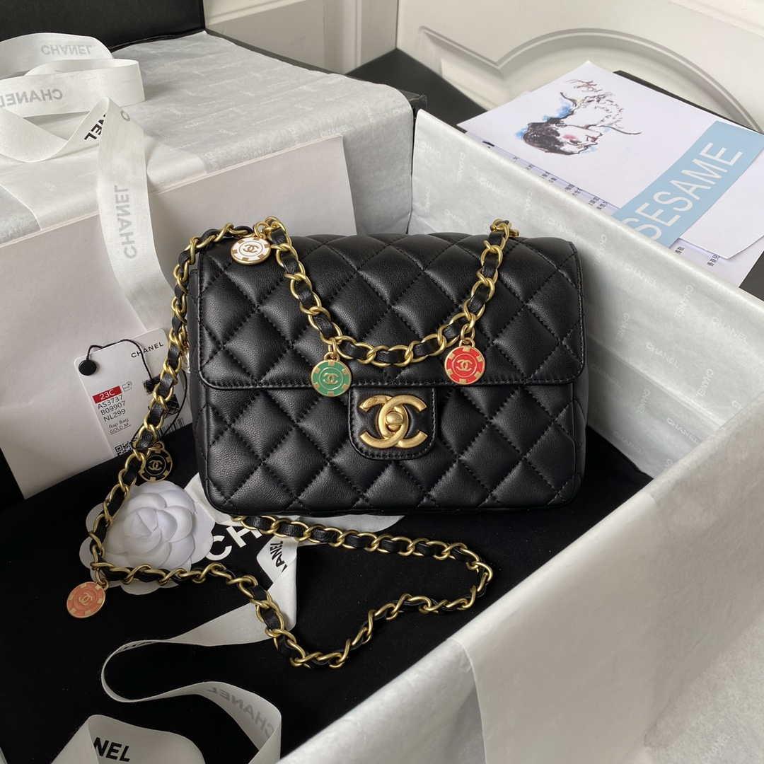 Chanel AS3737 Mini Flap Bag Lambskin Enamel & Gold-Tone Metal Black