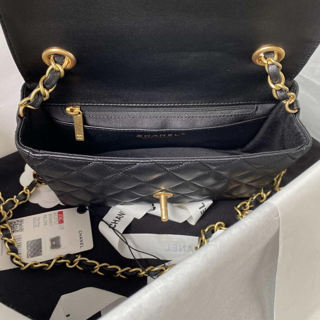 Chanel AS3737 Mini Flap Bag Lambskin Enamel & Gold-Tone Metal Black