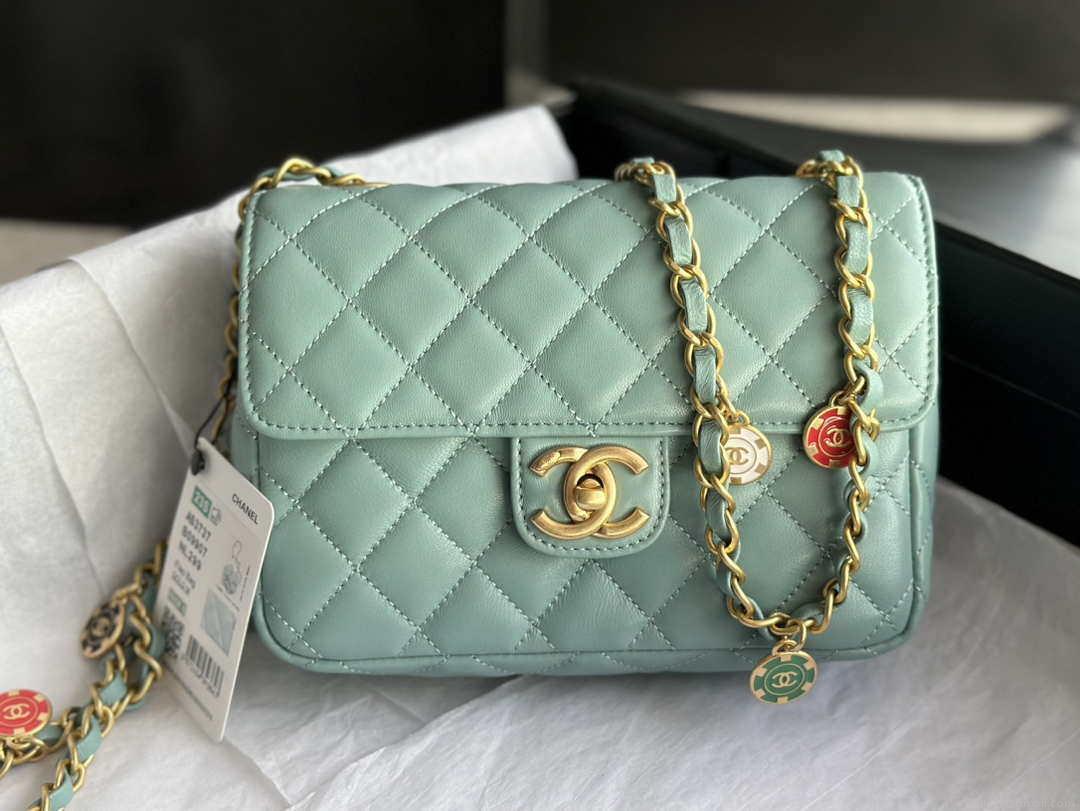 Chanel AS3737 Mini Flap Bag Lambskin Enamel & Gold-Tone Metal Blue
