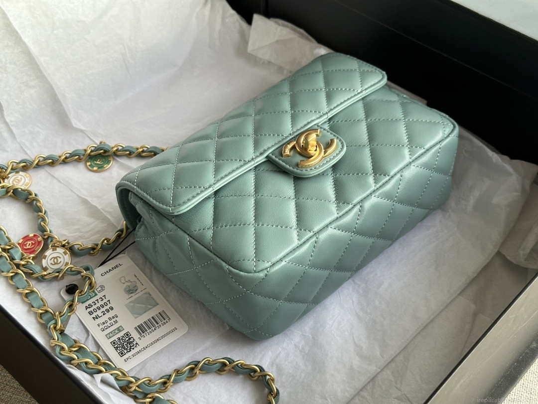 Chanel AS3737 Mini Flap Bag Lambskin Enamel & Gold-Tone Metal Blue