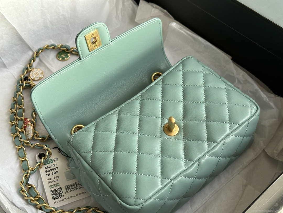 Chanel AS3737 Mini Flap Bag Lambskin Enamel & Gold-Tone Metal Blue