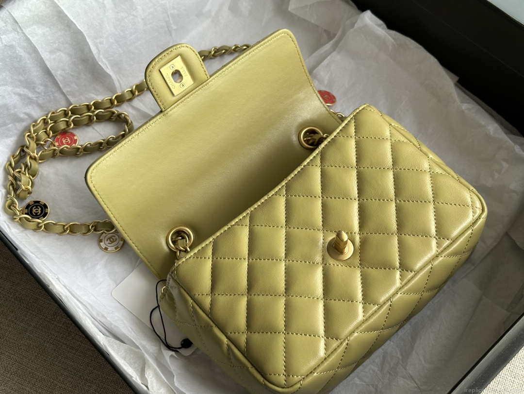 Chanel AS3737 Mini Flap Bag Lambskin Enamel & Gold-Tone Metal Yellow