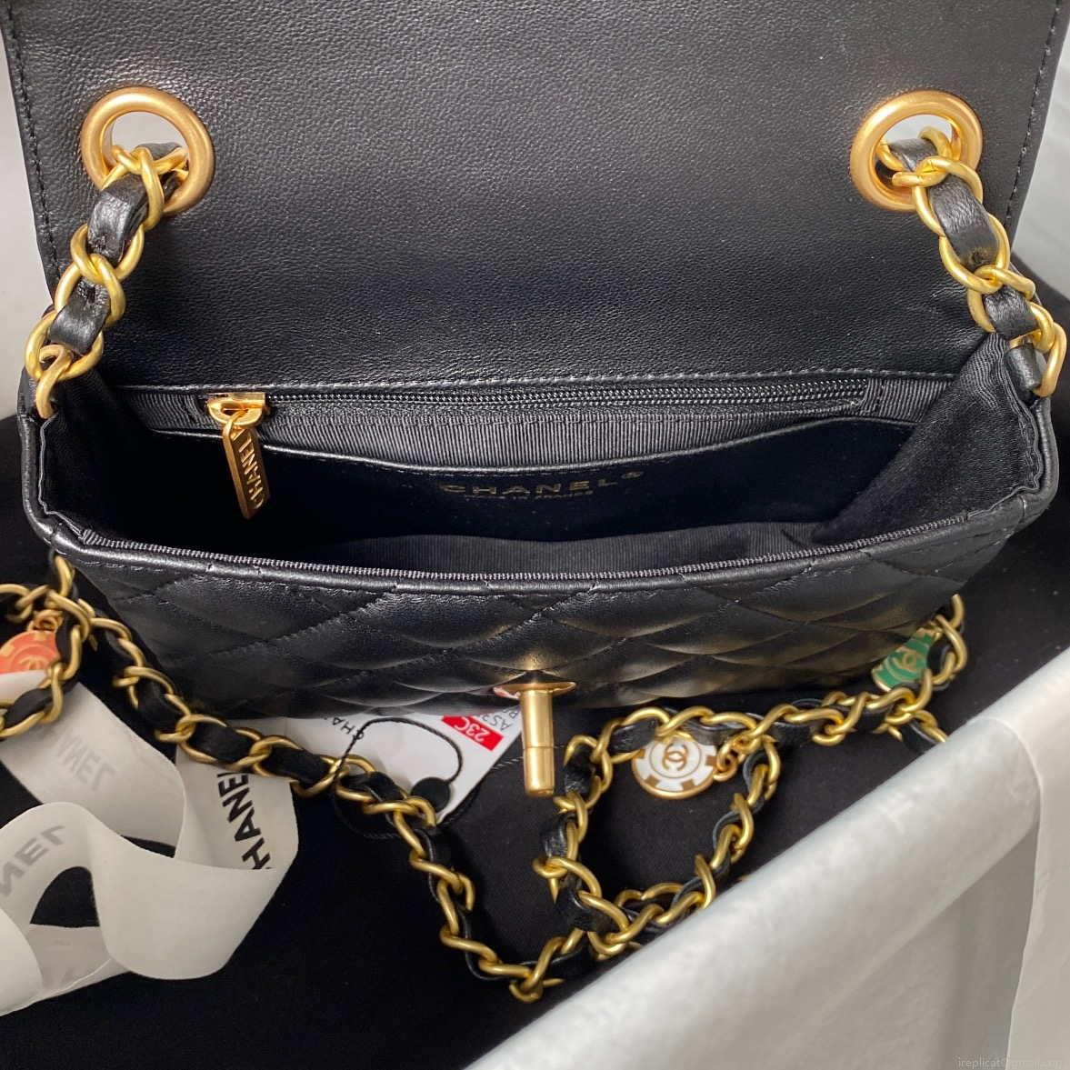 Chanel AS3738 Mini Flap Bag Lambskin Enamel & Gold-Tone Metal Black