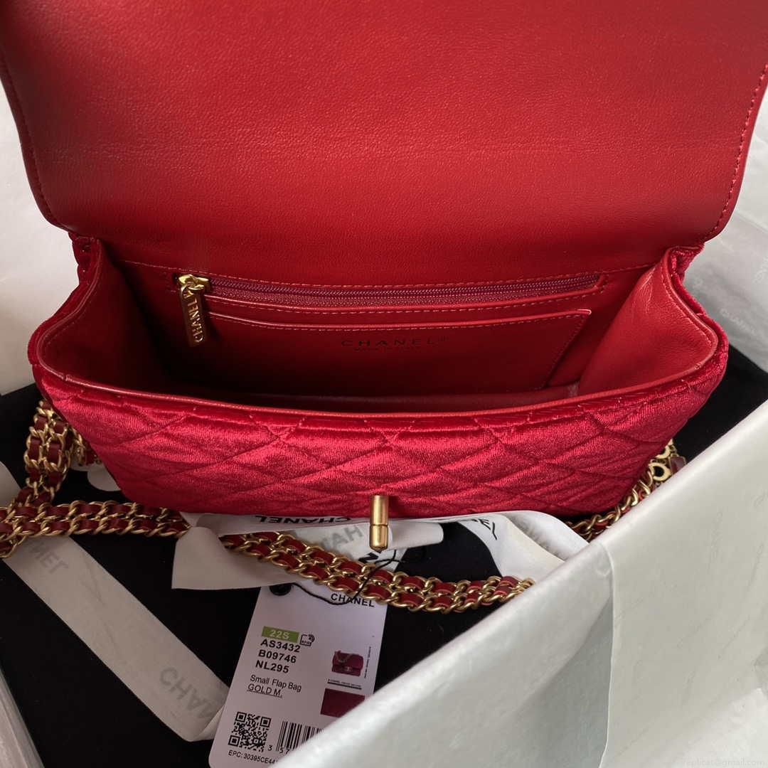 Chanel AS3432 Small Flap Bag Velvet Enamel & Gold-Tone Metal Wine Red