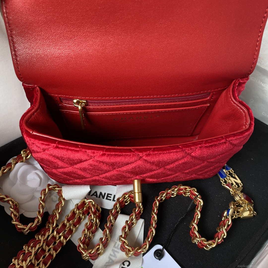 Chanel AS3442 Mini Flap Bag Velvet Enamel & Gold-Tone Metal Wine Red
