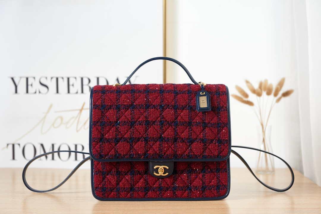Chanel AS3662 LARGE BACKPACK Wool Tweed & Gold-Tone Metal Wine Red