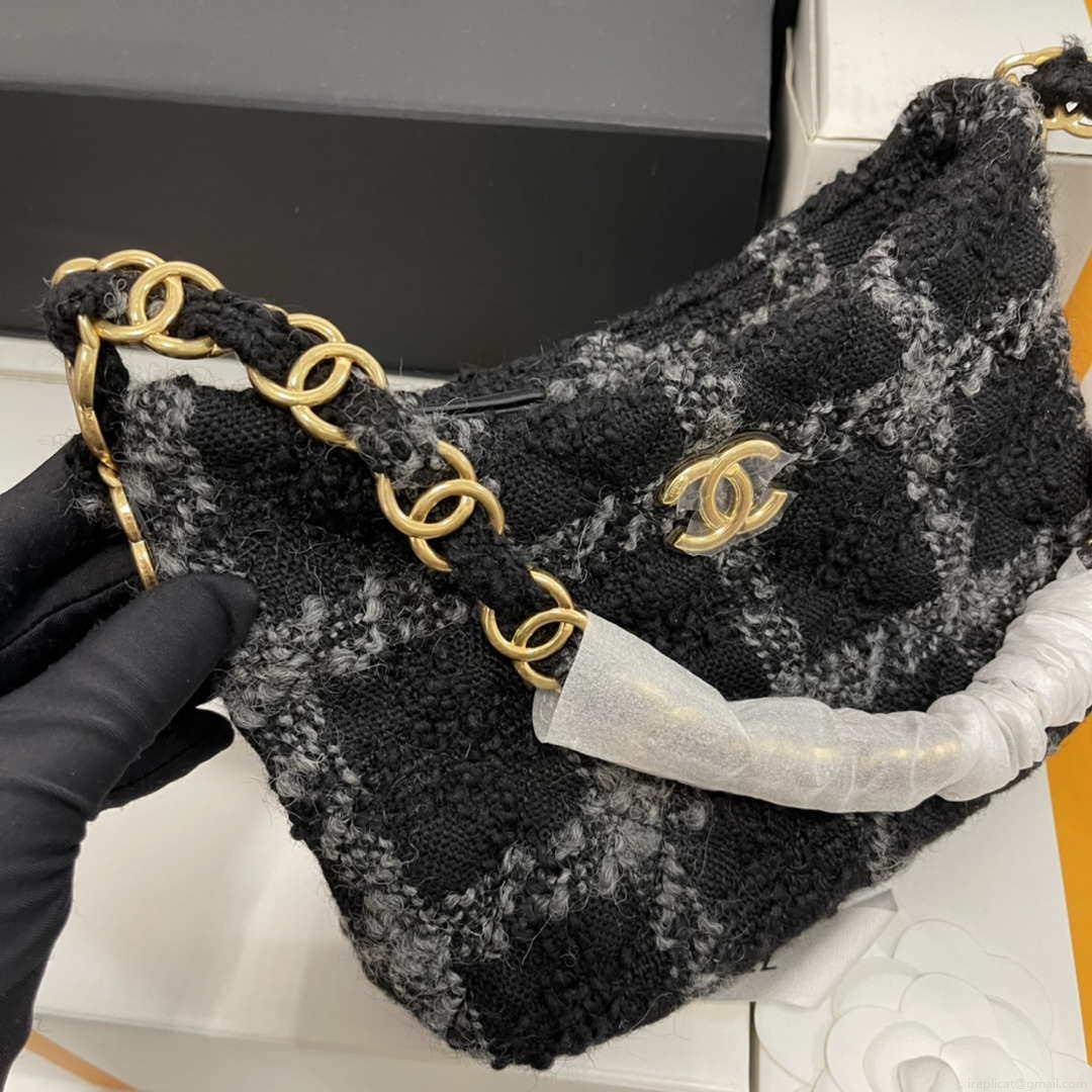Chanel AS3562 Hobo Handbag Wool Tweed Black