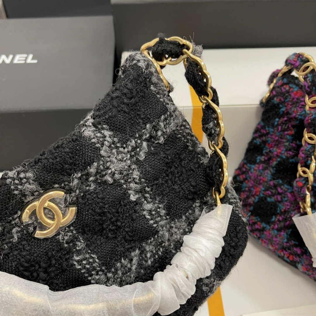 Chanel AS3562 Hobo Handbag Wool Tweed Black