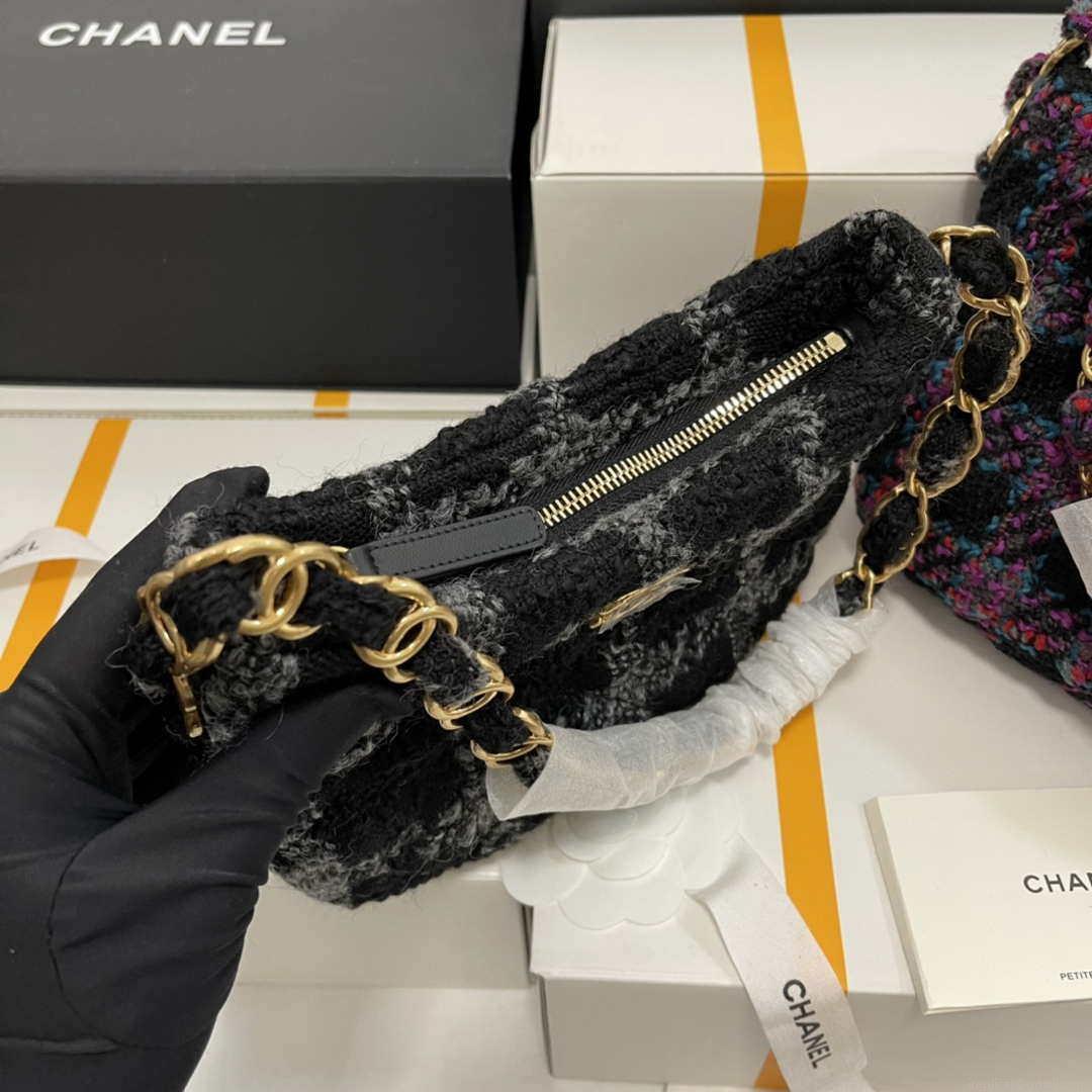 Chanel AS3562 Hobo Handbag Wool Tweed Black
