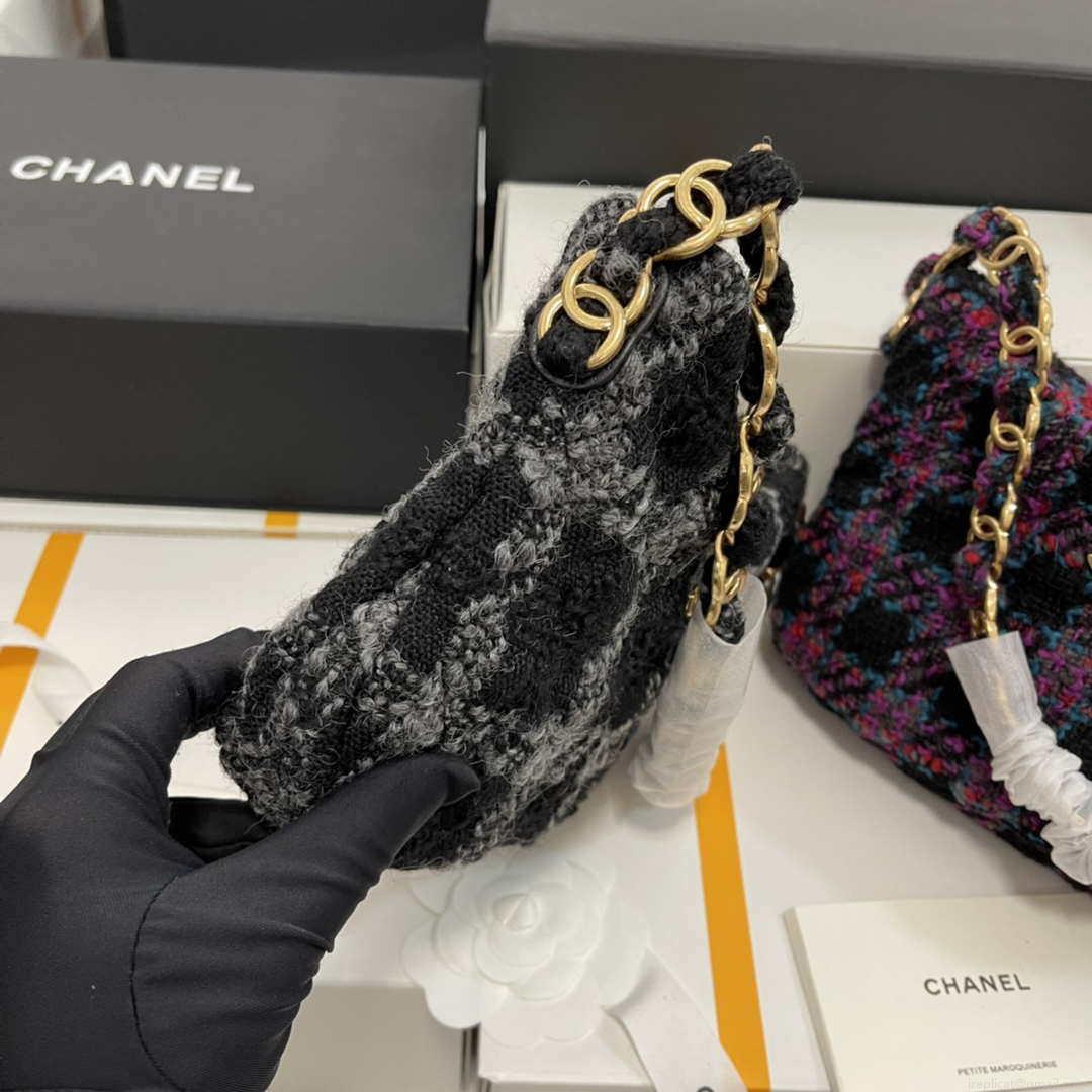 Chanel AS3562 Hobo Handbag Wool Tweed Black
