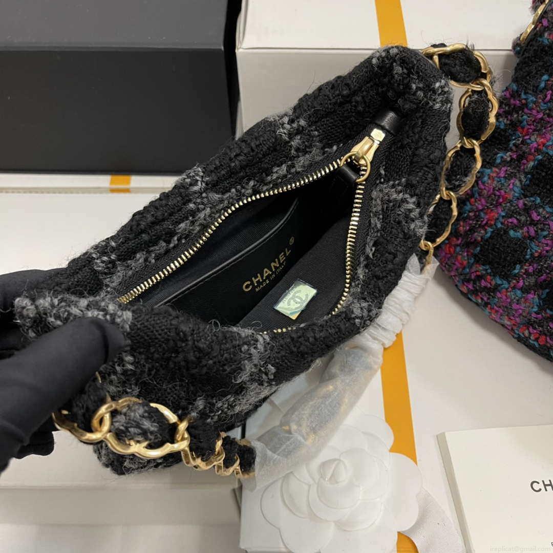 Chanel AS3562 Hobo Handbag Wool Tweed Black