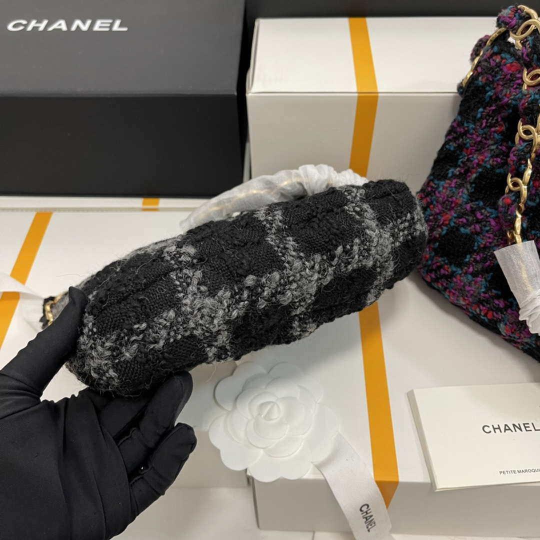 Chanel AS3562 Hobo Handbag Wool Tweed Black