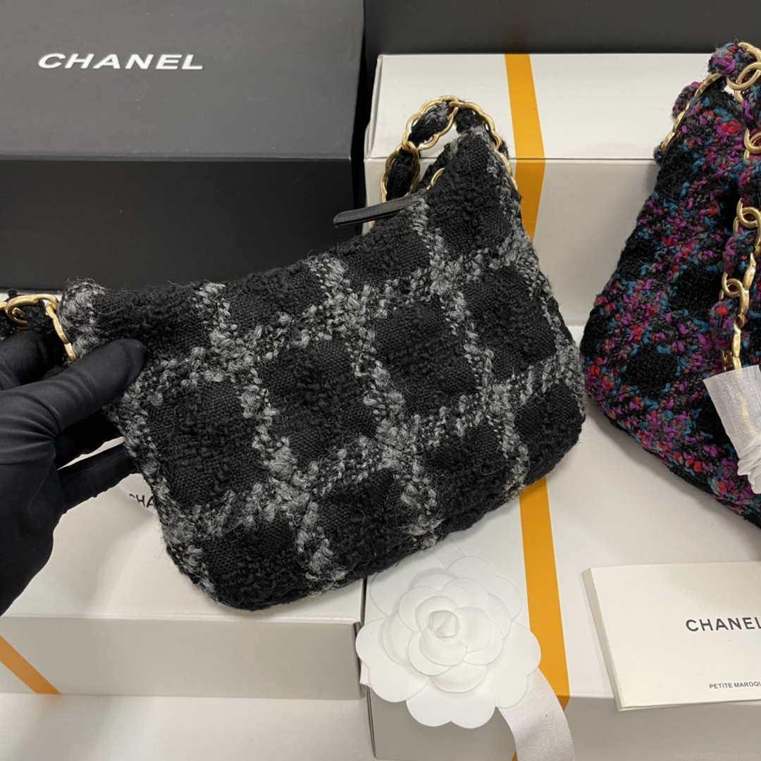 Chanel AS3562 Hobo Handbag Wool Tweed Black