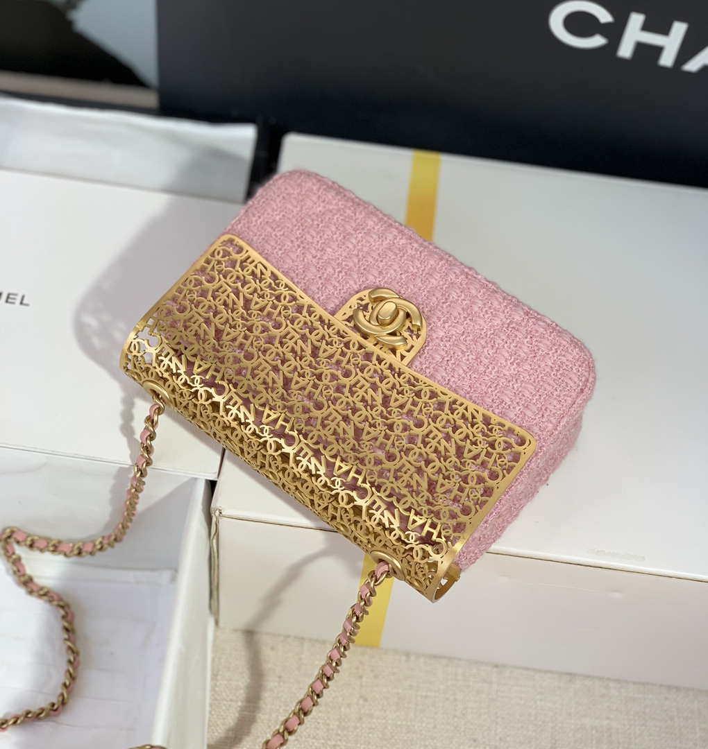 Chanel AS3526 Mini Evening Bag Wool Tweed & Gold-Tone Metal Light Pink