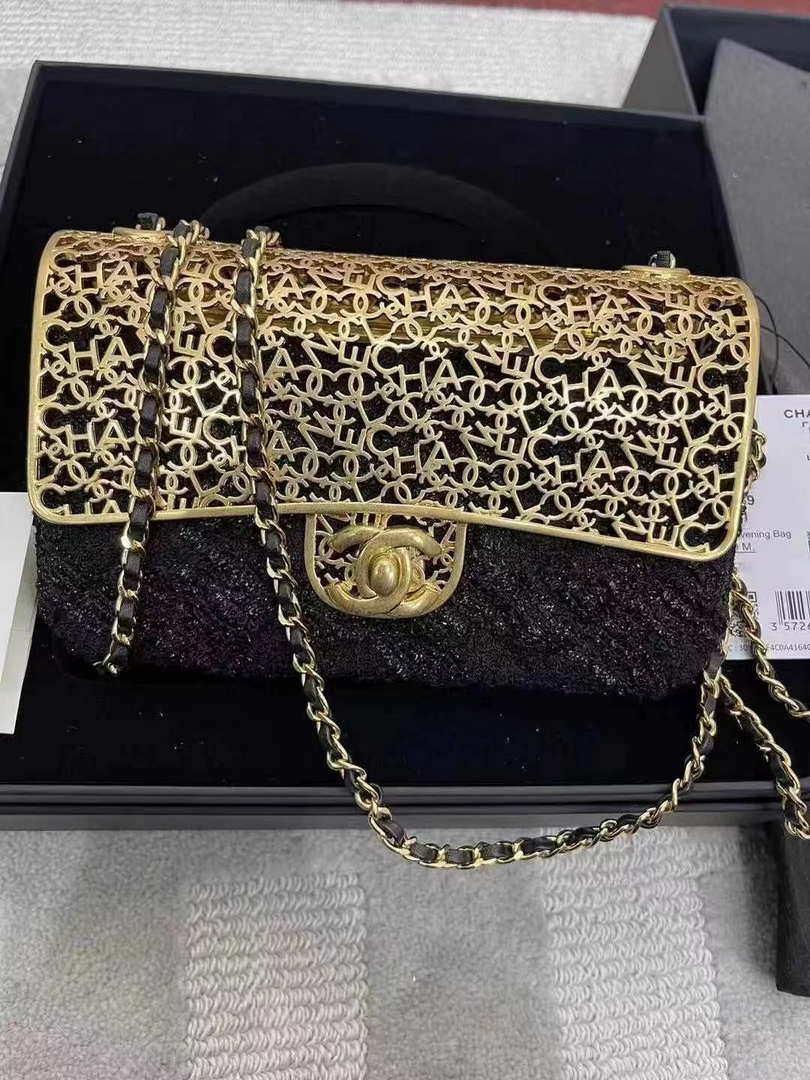 Chanel AS3526 Mini Evening Bag Wool Tweed & Gold-Tone Metal Black