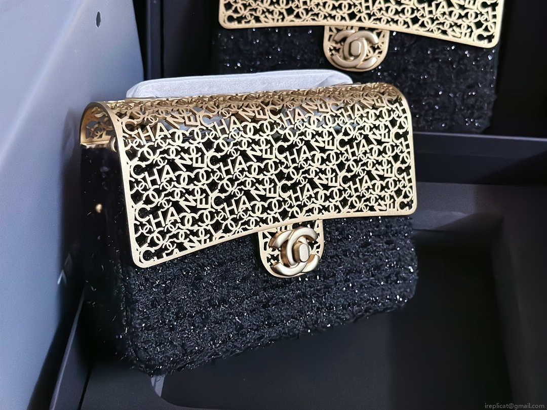 Chanel AS3526 Mini Evening Bag Wool Tweed & Gold-Tone Metal Black