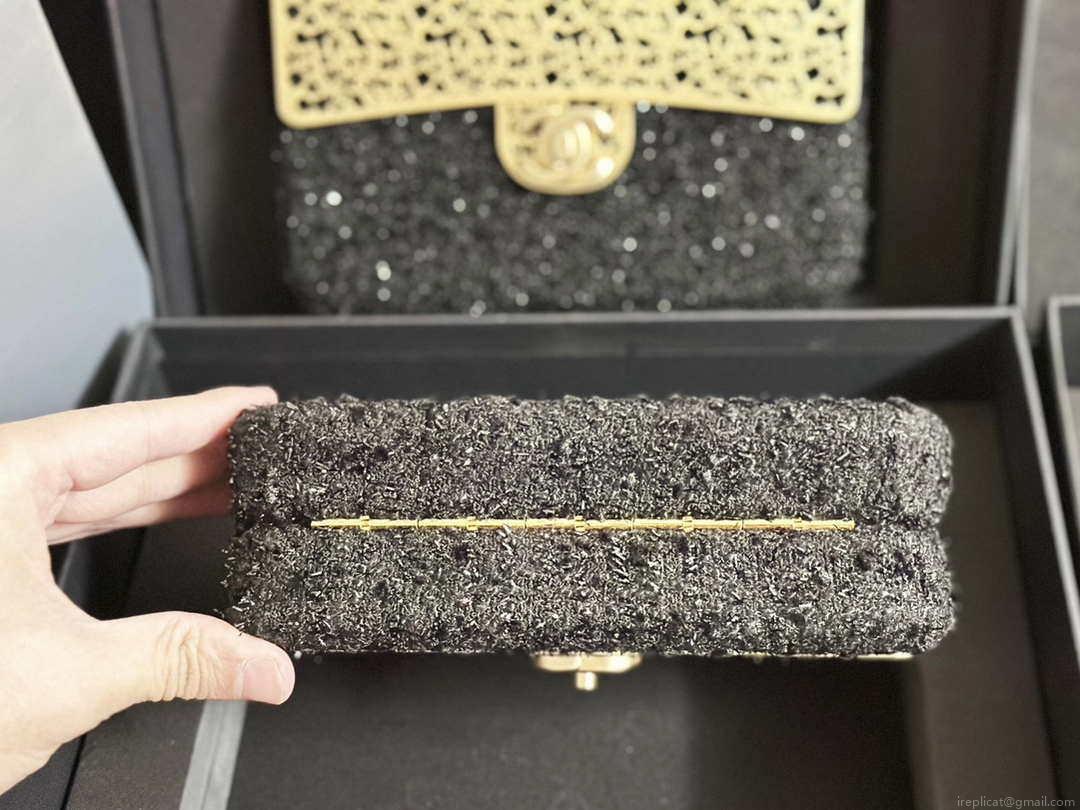 Chanel AS3526 Mini Evening Bag Wool Tweed & Gold-Tone Metal Black
