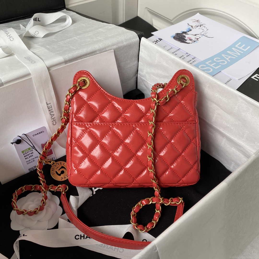 Chanel AS3710 Small Hobo Handbag Shiny Crumpled Calfskin & Gold-Tone Metal Red