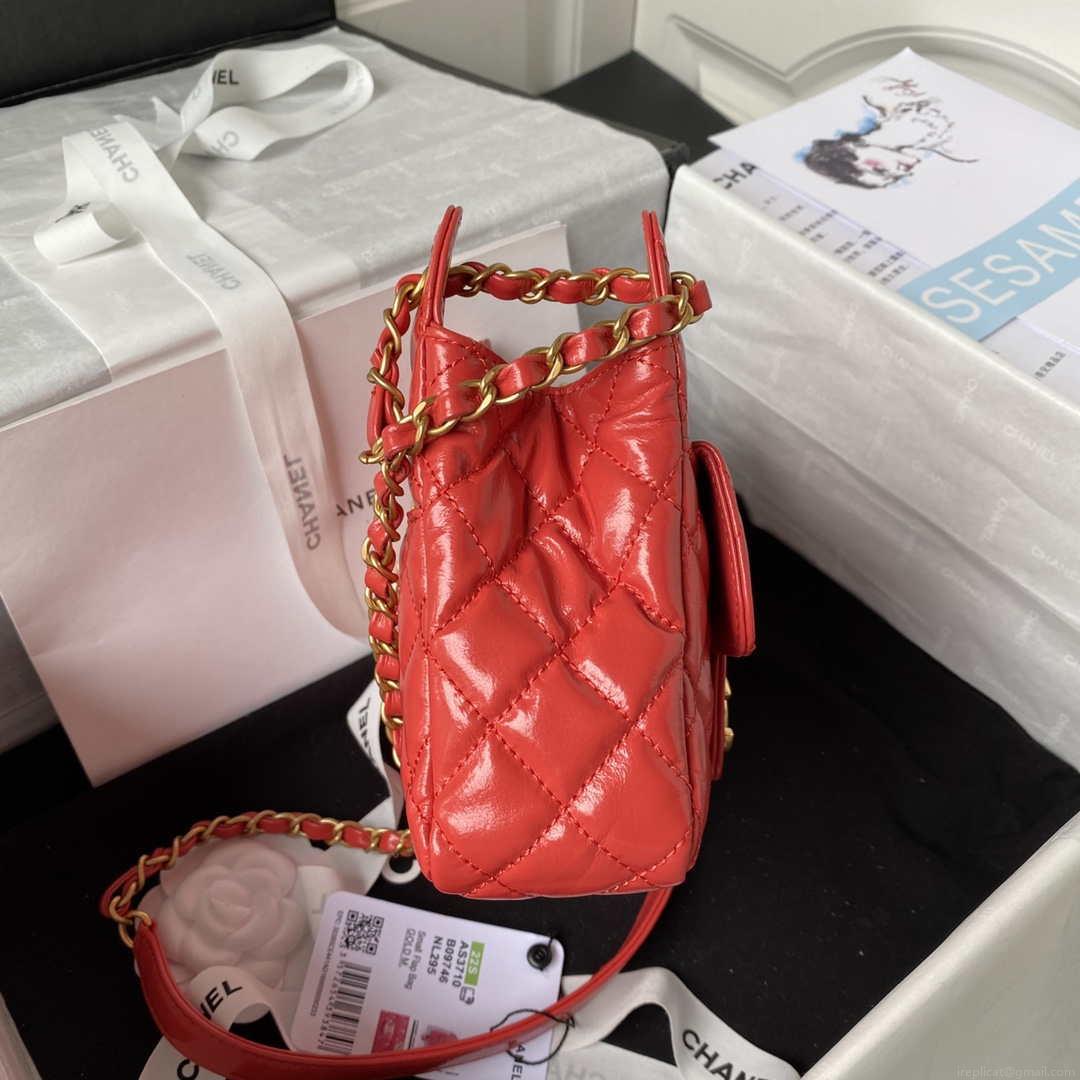 Chanel AS3710 Small Hobo Handbag Shiny Crumpled Calfskin & Gold-Tone Metal Red