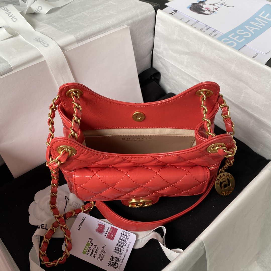 Chanel AS3710 Small Hobo Handbag Shiny Crumpled Calfskin & Gold-Tone Metal Red