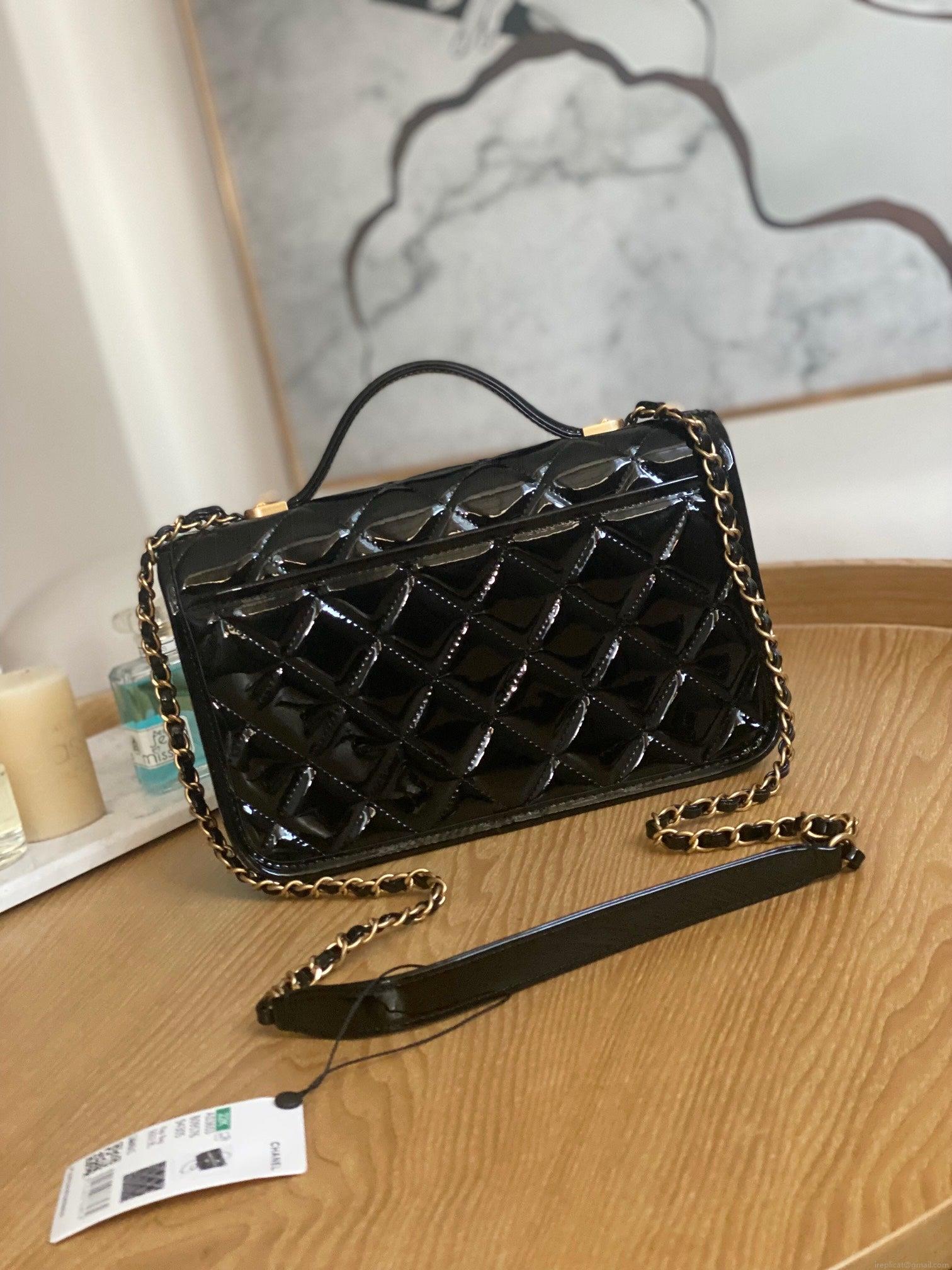 Chanel AS3653 Small Flap Bag with Top Handle Patent Calfskin & Gold-Tone Metal Black