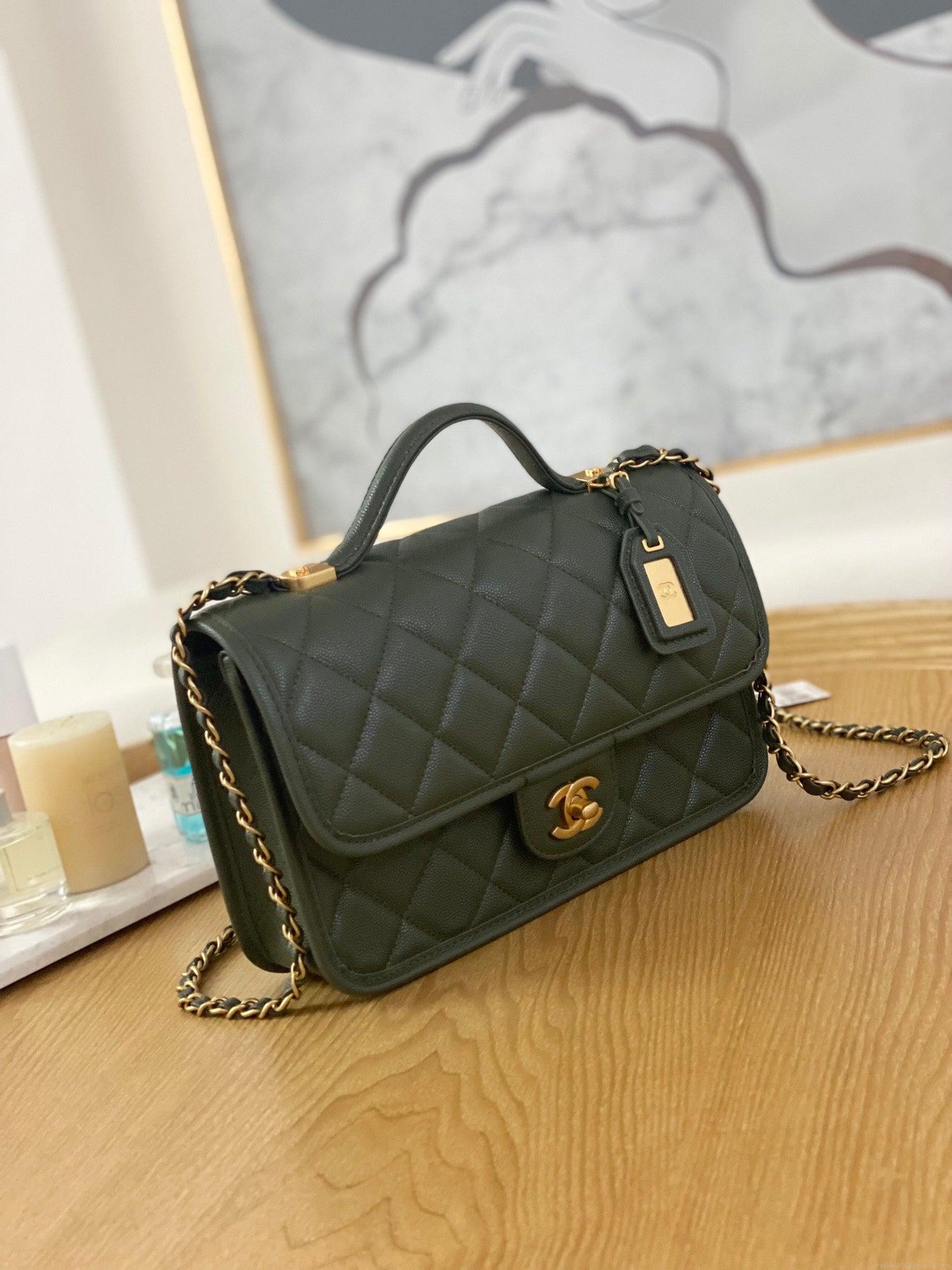 Chanel AS3653 Small Flap Bag with Top Handle Calfskin & Gold-Tone Metal Dark Green